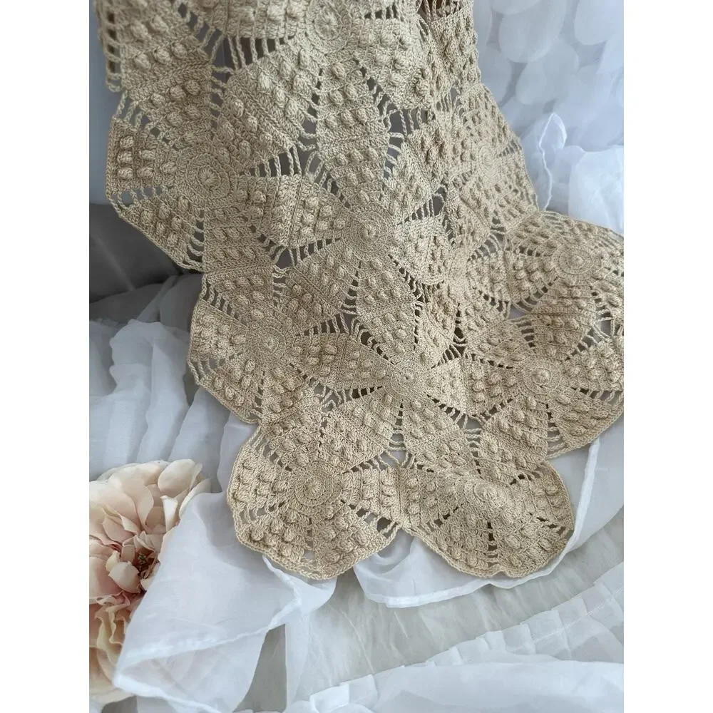 Vintage 60S Beige 100% Cotton HAND CROCHET LACE Pashima Wrap Bride Boho